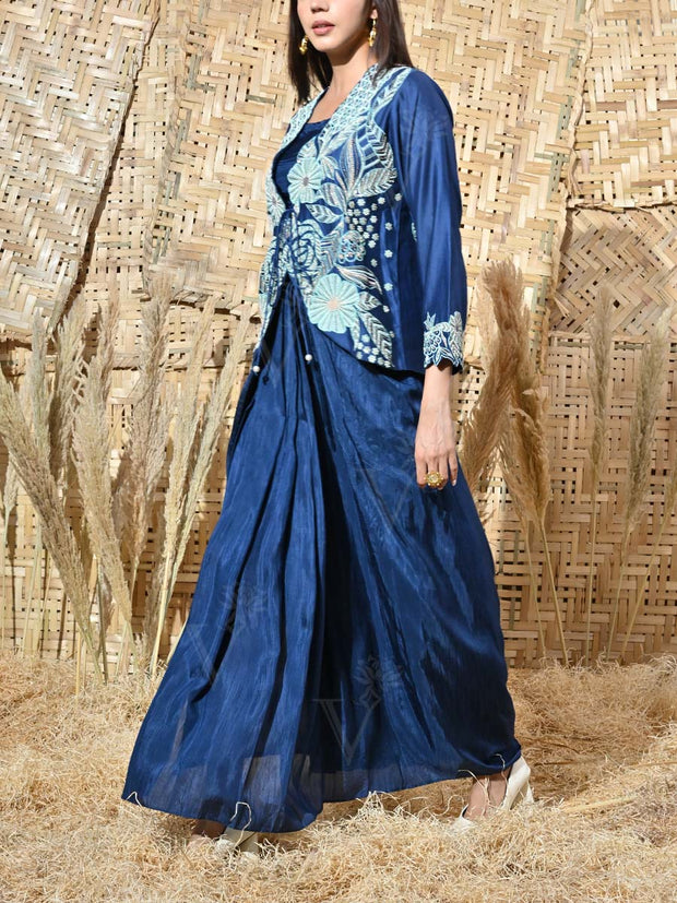 Blue Embroidered Jacket and Drape Skirt Set