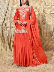 Orange Embroidered Kurta and Skirt Set