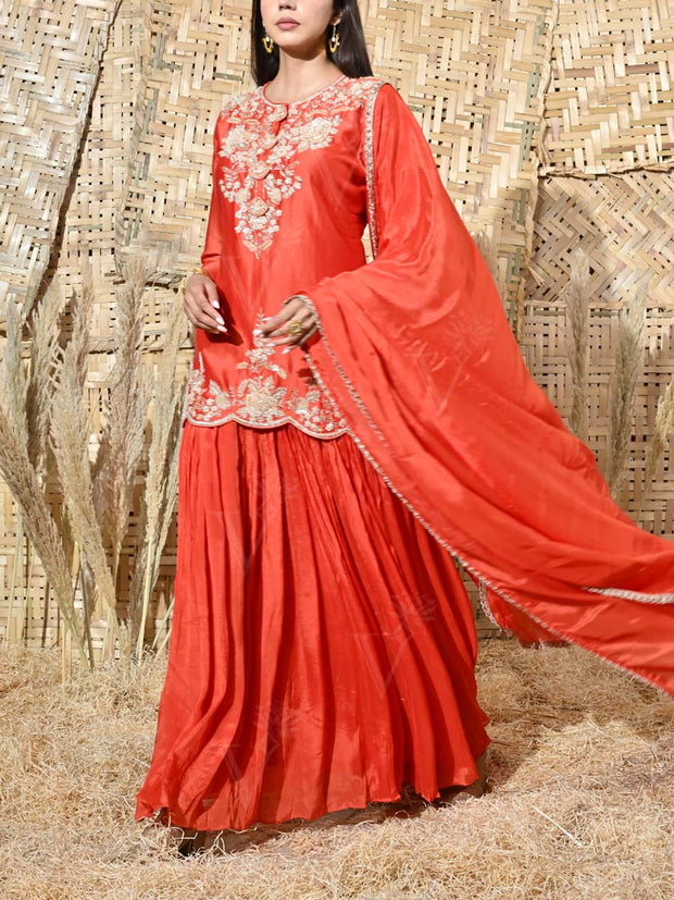 Orange Embroidered Kurta and Skirt Set