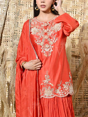 Orange Embroidered Kurta and Skirt Set