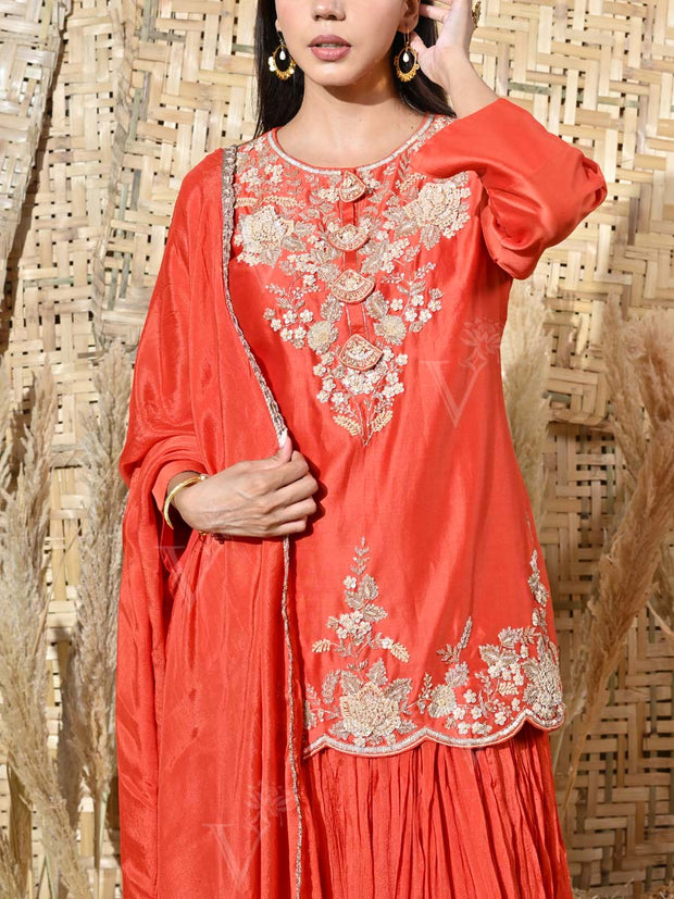 Orange Embroidered Kurta and Skirt Set