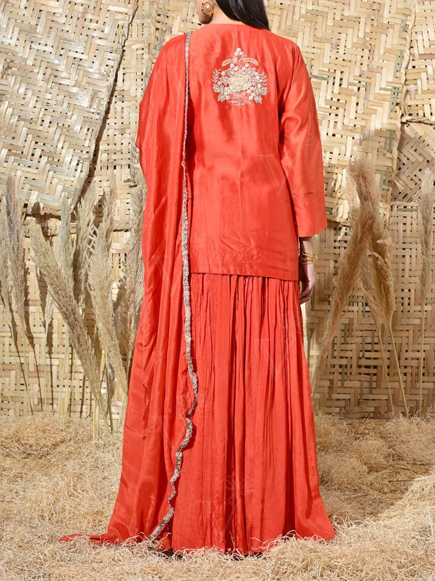 Orange Embroidered Kurta and Skirt Set