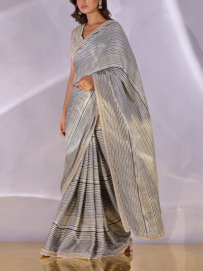 Grey and Off white Satin Silk saree