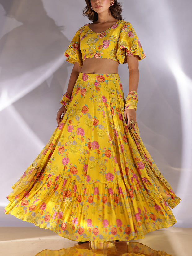 Yellow Wrinckle Crep Lehenga Set