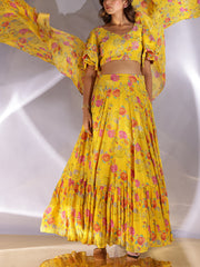 Yellow Wrinckle Crep Lehenga Set