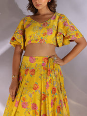 Yellow Wrinckle Crep Lehenga Set