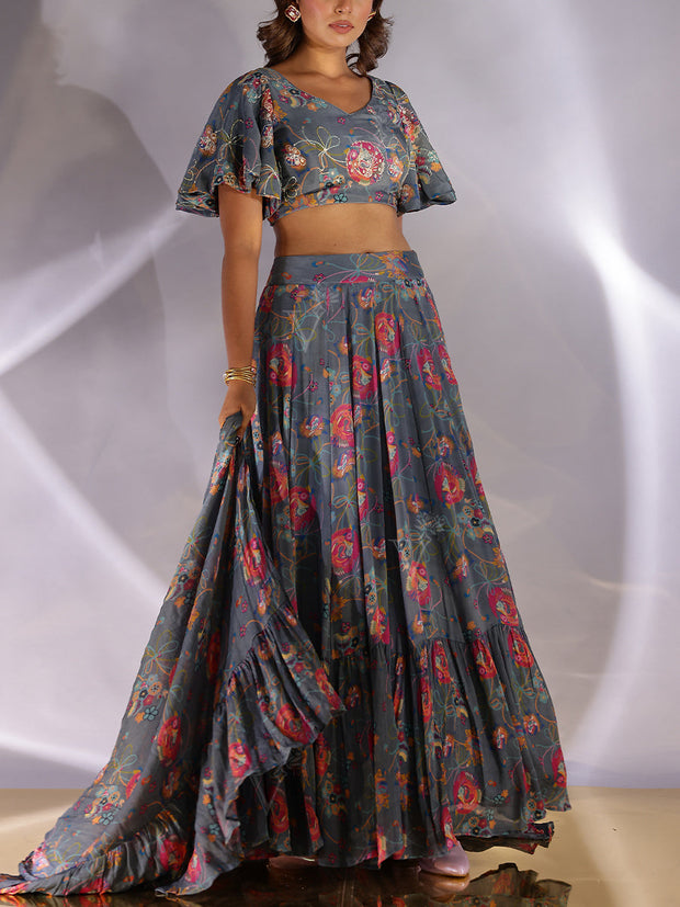 Grey Wrinckle Crep Lehenga Set