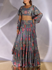 Grey Wrinckle Crep Lehenga Set