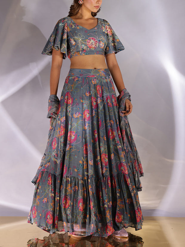 Grey Wrinckle Crep Lehenga Set