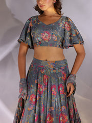 Grey Wrinckle Crep Lehenga Set