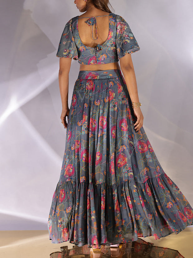 Grey Wrinckle Crep Lehenga Set