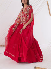 Red Organza Embroidered Cape Gown