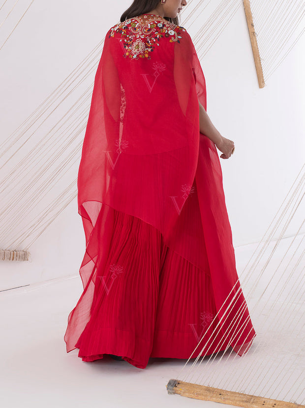 Red Organza Embroidered Cape Gown