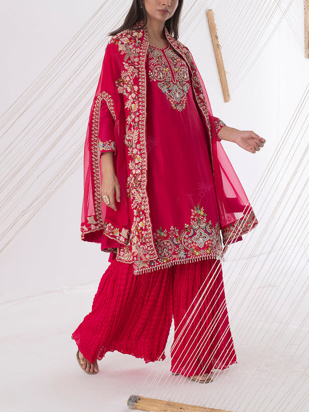 Red Organza Embroidred Cape Sharara Set