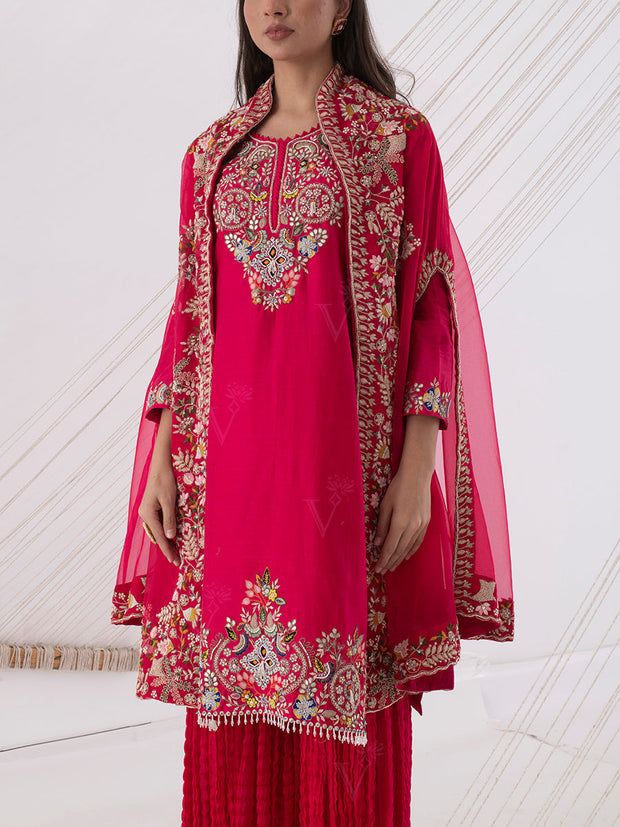 Red Organza Embroidred Cape Sharara Set