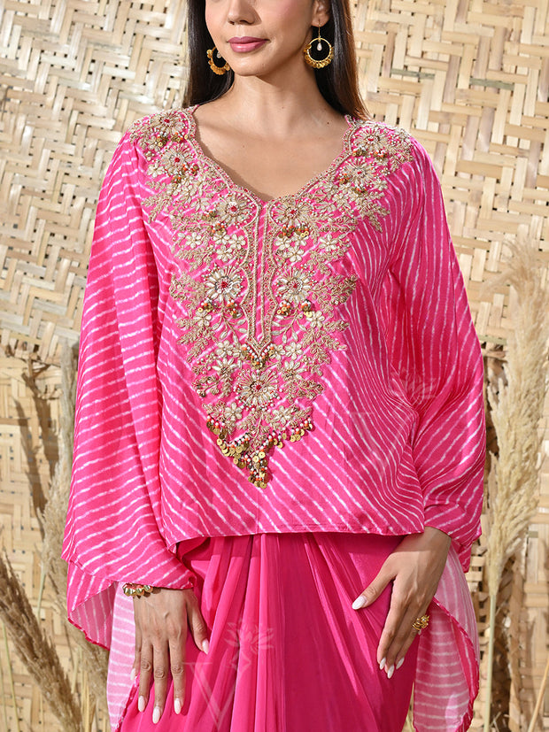 Pink Embroidered Silk Cape and Drape Skirt Set