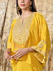 Yellow Embroidered Silk Cape and Drape Skirt Set