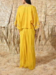 Yellow Embroidered Silk Cape and Drape Skirt Set