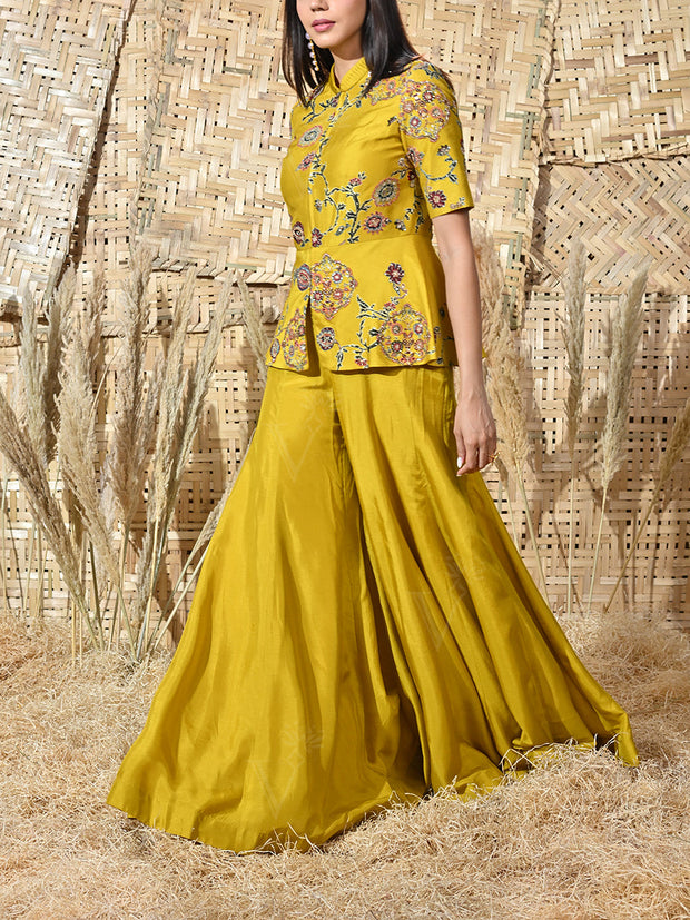 Yellow Embroidered Silk Peplum and Palazzo Set