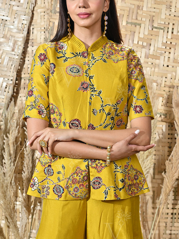 Yellow Embroidered Silk Peplum and Palazzo Set