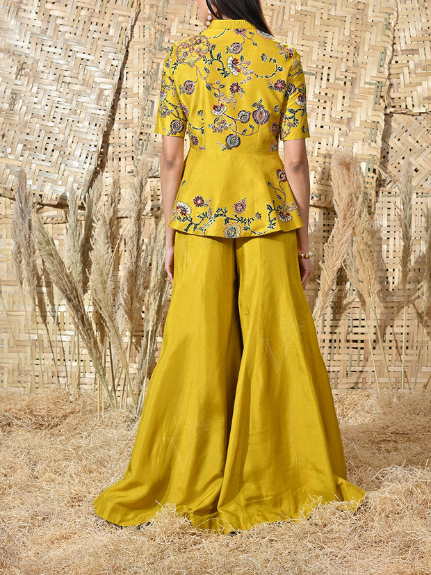 Yellow Embroidered Silk Peplum and Palazzo Set