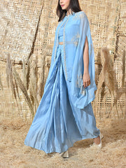 Blue Embroidered Silk Cape and Drape Skirt Set