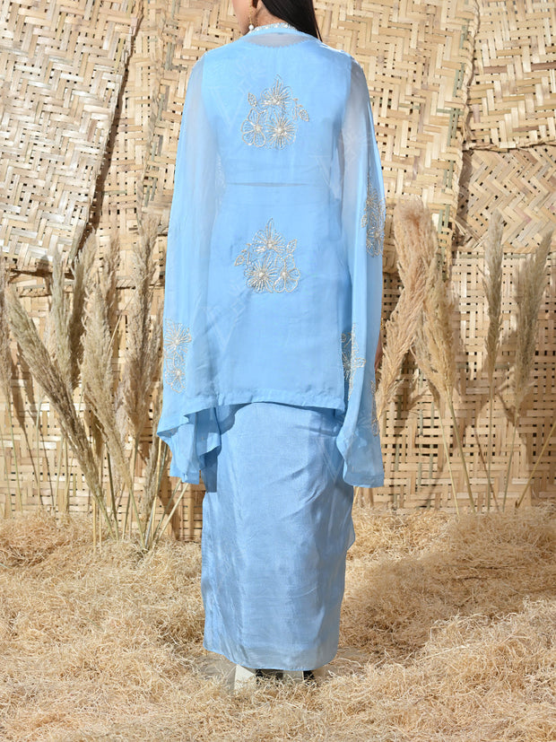 Blue Embroidered Silk Cape and Drape Skirt Set