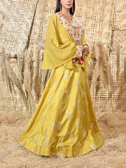 Yellow Embroidered Organza Cape and Silk Skirt Set
