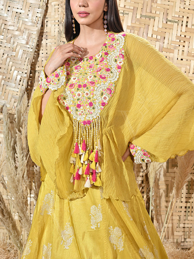 Yellow Embroidered Organza Cape and Silk Skirt Set