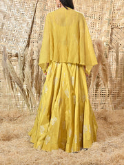 Yellow Embroidered Organza Cape and Silk Skirt Set
