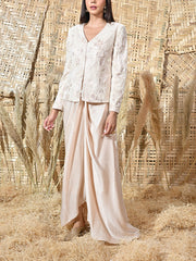 Cream Embroidered Net Jacket and Satin Drape Skirt Set