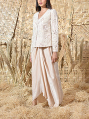 Cream Embroidered Net Jacket and Satin Drape Skirt Set