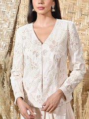 Cream Embroidered Net Jacket and Satin Drape Skirt Set