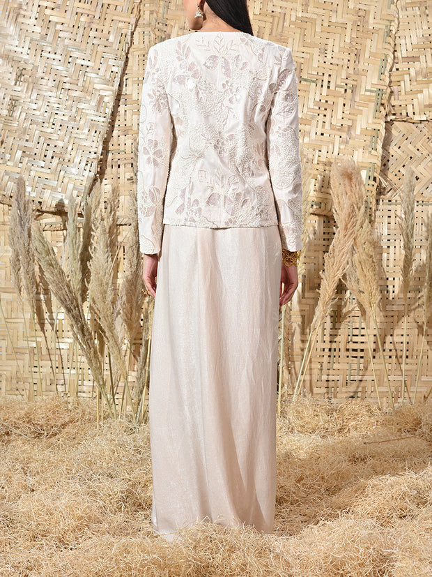 Cream Embroidered Net Jacket and Satin Drape Skirt Set