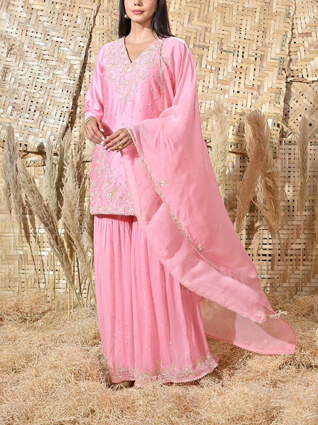 Pink Embroidered Chanderi Kurta and Sharara Set