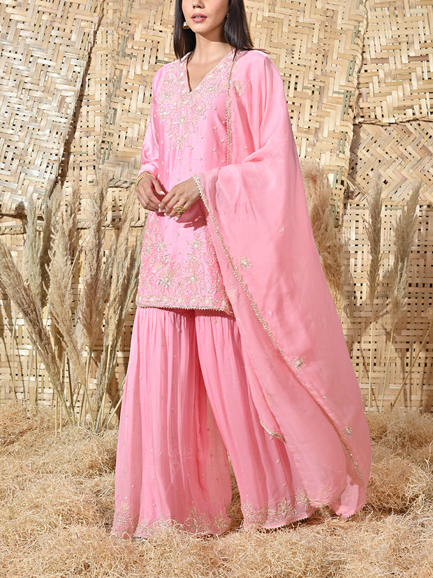 Pink Embroidered Chanderi Kurta and Sharara Set