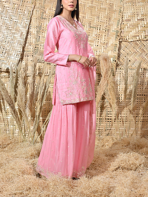 Pink Embroidered Chanderi Kurta and Sharara Set