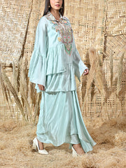 Blue Embroidered Satin Cape and Crepe Drape Skirt Set