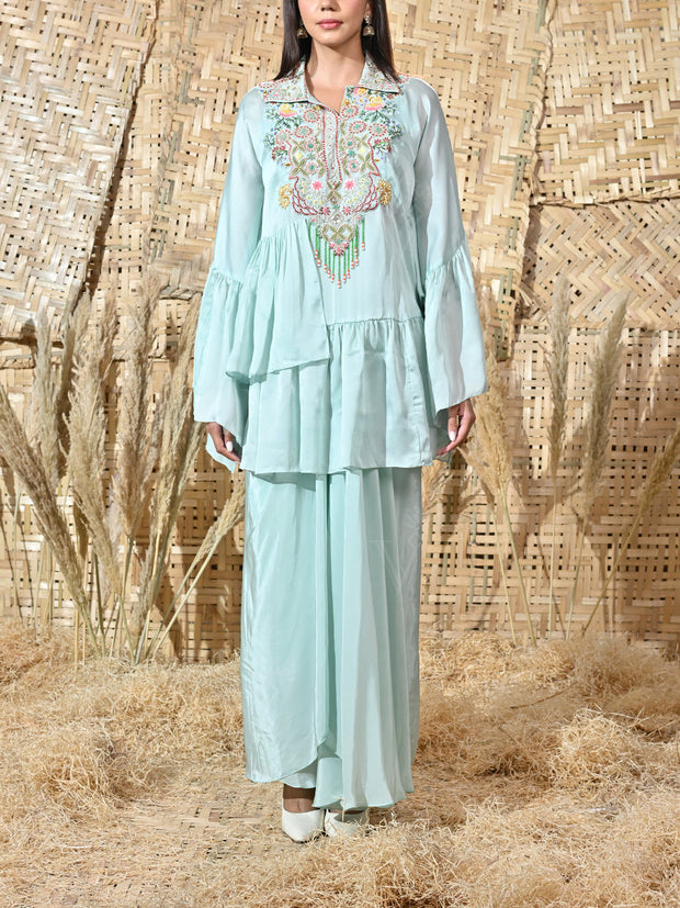 Blue Embroidered Satin Cape and Crepe Drape Skirt Set