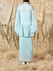Blue Embroidered Satin Cape and Crepe Drape Skirt Set