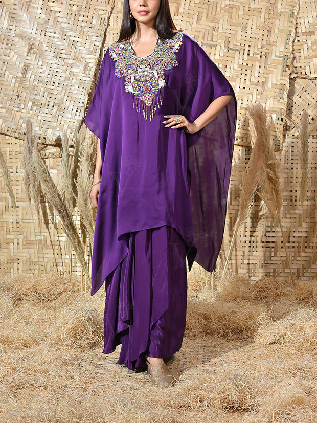 Violet Embroidered Satin Cape and Crepe Drape Skirt Set