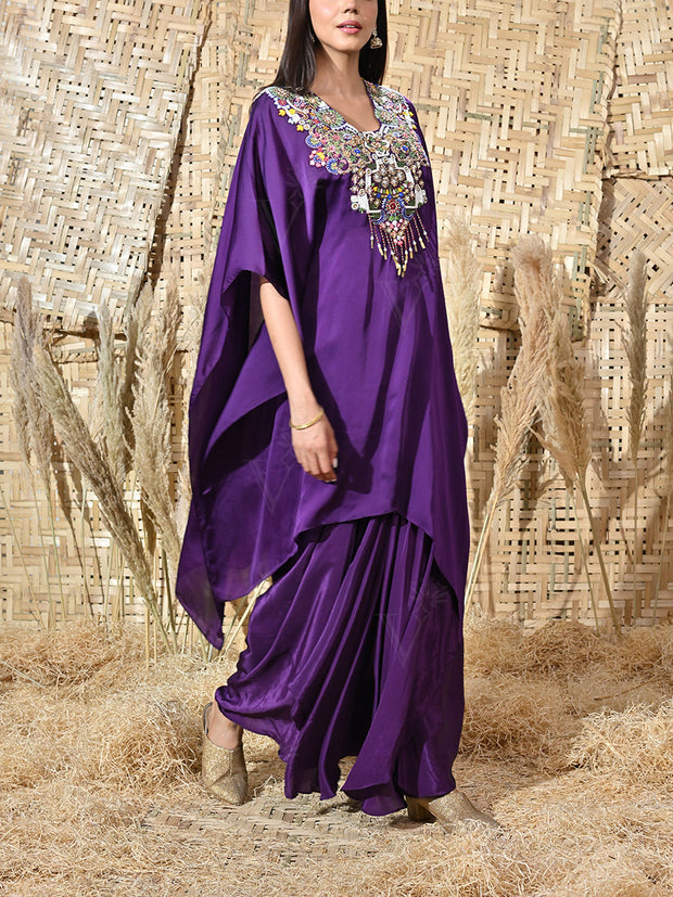 Violet Embroidered Satin Cape and Crepe Drape Skirt Set