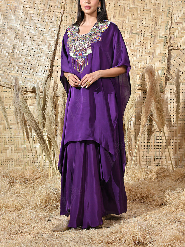 Violet Embroidered Satin Cape and Crepe Drape Skirt Set