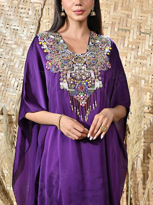 Violet Embroidered Satin Cape and Crepe Drape Skirt Set