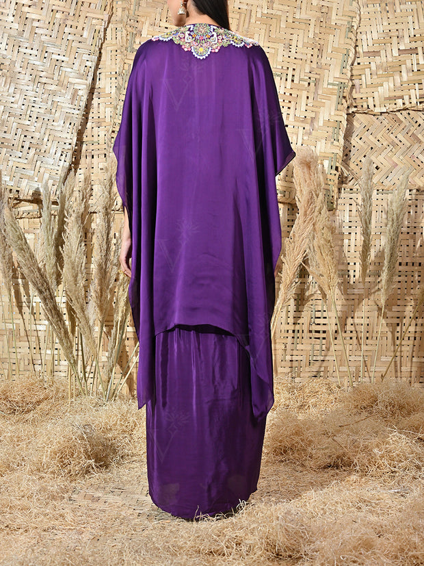Violet Embroidered Satin Cape and Crepe Drape Skirt Set