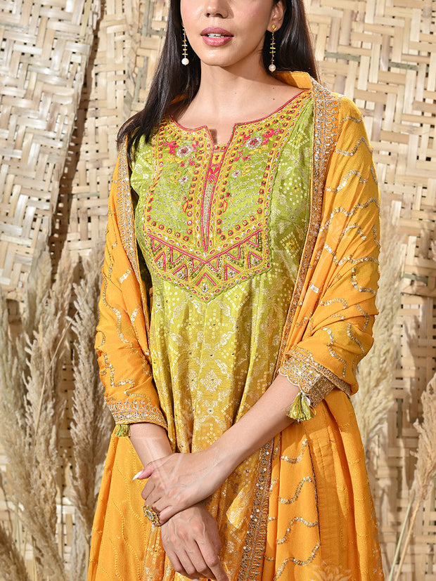 Green and Yellow Ombre Banarasi Embroidered Suit Set
