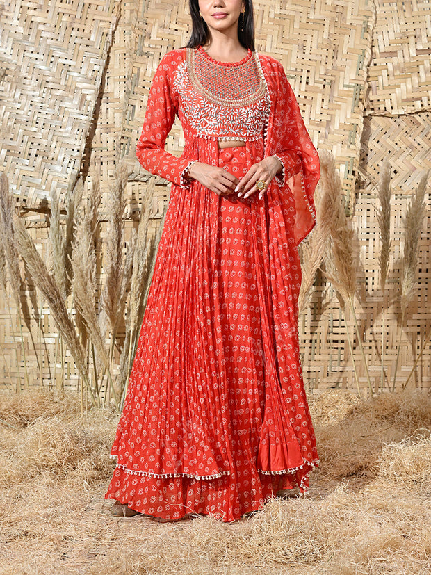 Orange Georgette Embroidered Kurta and Skirt Set