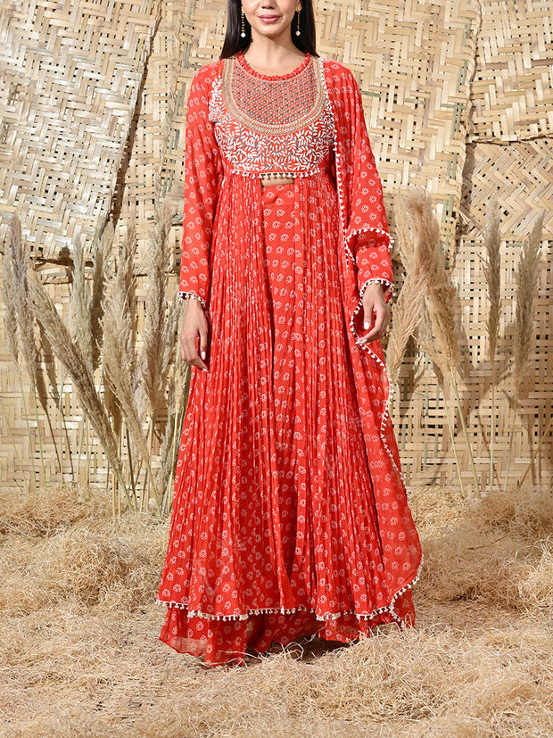 Orange Georgette Embroidered Kurta and Skirt Set