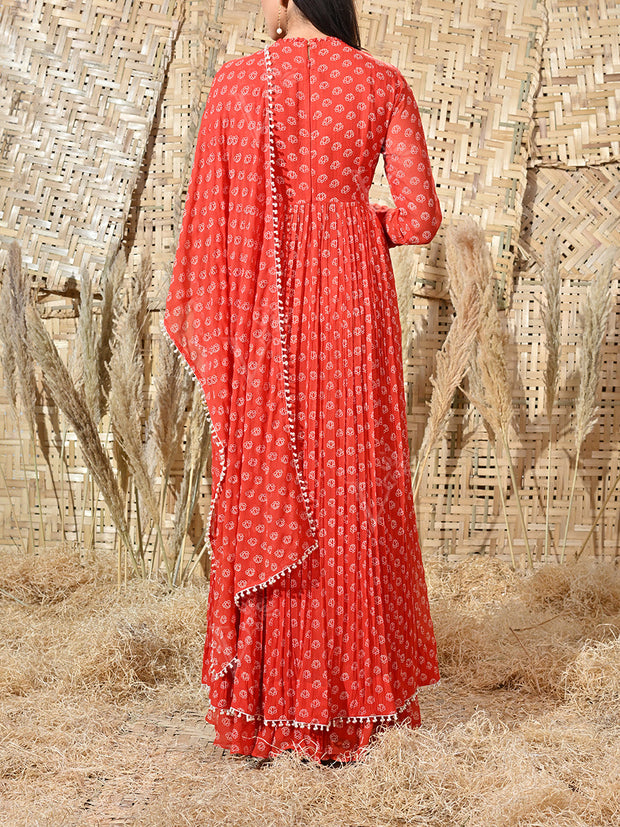 Orange Georgette Embroidered Kurta and Skirt Set