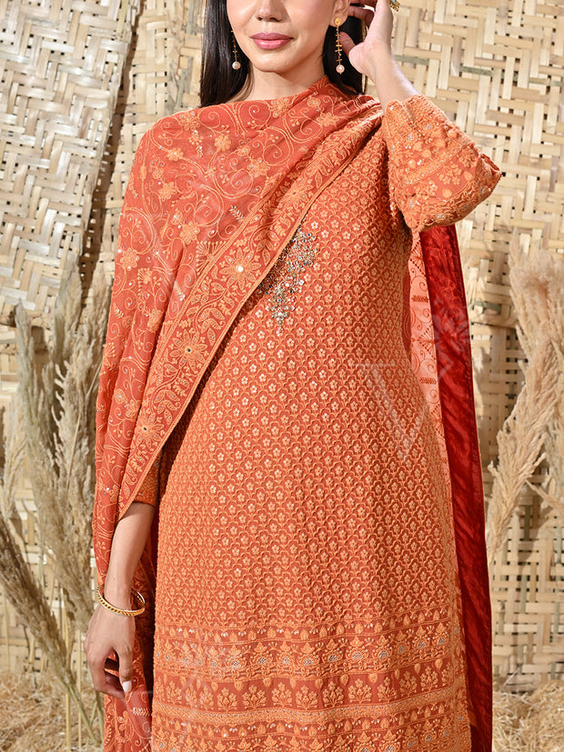 Bronze Embroidered Georgette Kurta and Garara Set